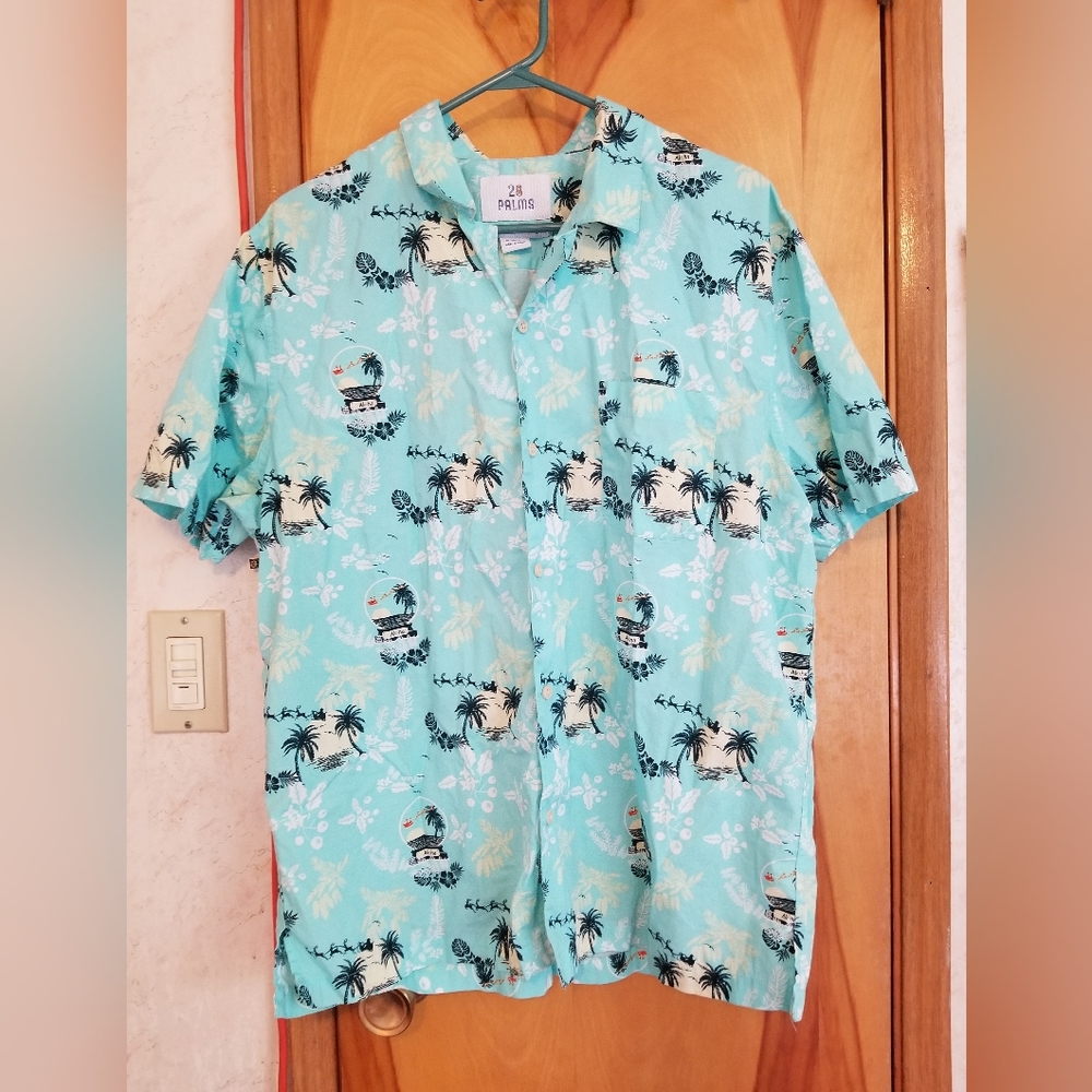 28 Palms mens Hawaiian shirt vtg Christmas Santa Sleigh Snow Globe p2p 29 1XL